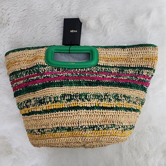 NEW Maje Mini Raffia Basket Bag Casino Green Stripe Crossbody Leather - Picture 1 of 12